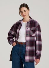 Flannel Shacket for Tall Women in Tawny Port Plaid