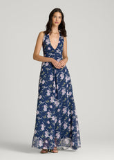 Chiffon Maxi Halter Garden Dress for Tall Women in Dark Navy Floral