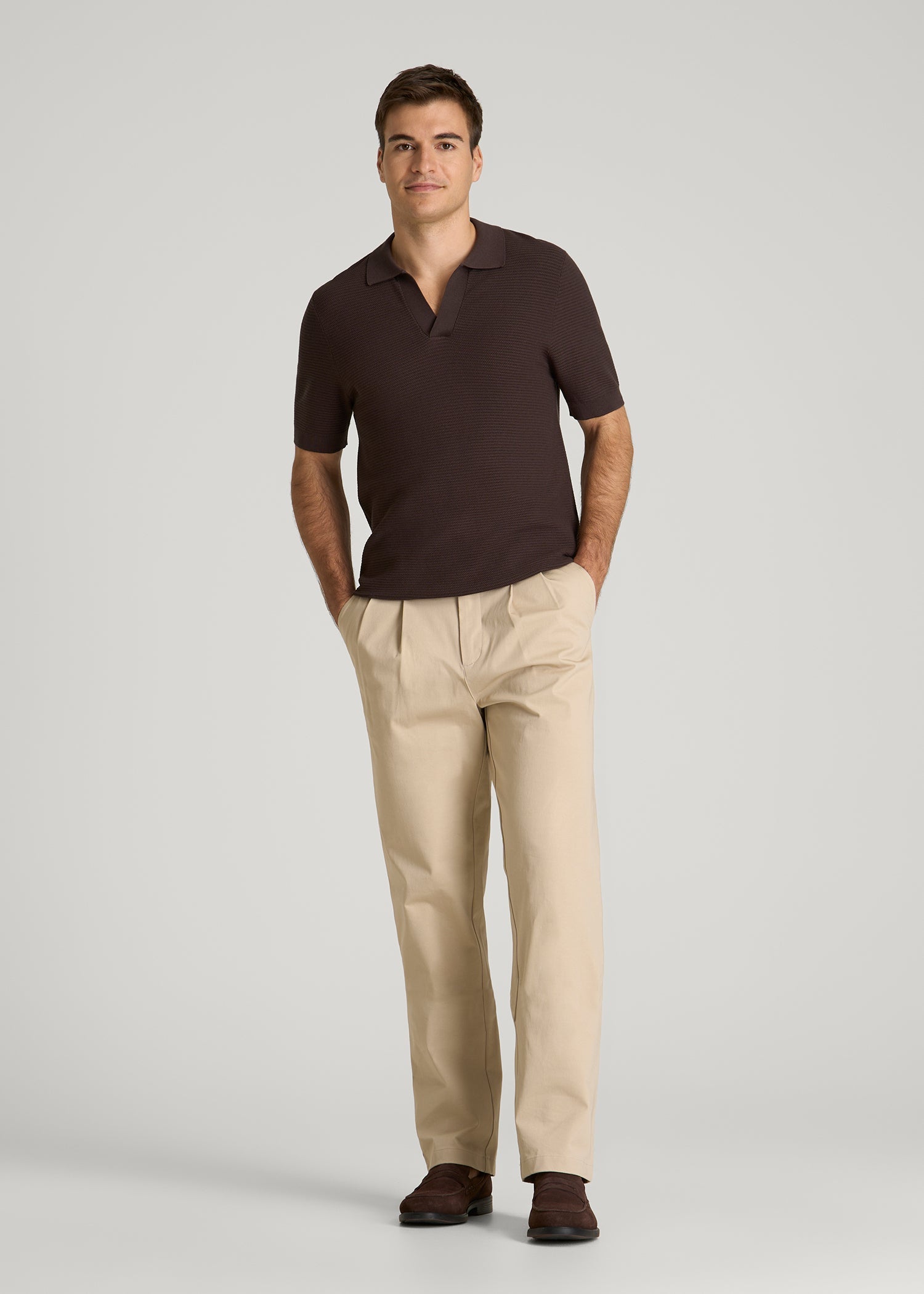 Braided Knit Sweater Polo for Tall Men in Espresso