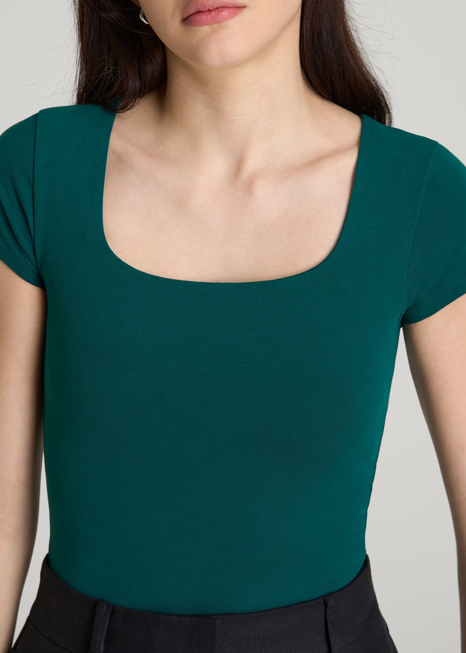 Cotton Blend Short Sleeve Square Neck Bodysuit for Tall Women in Deep Teal