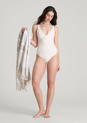 Classic V-Neck One Piece Swimsuit for Tall Women in White Sand