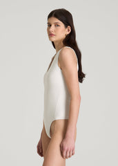 Cotton Blend Sleeveless V-Neck Bodysuit for Tall Women in White Sand