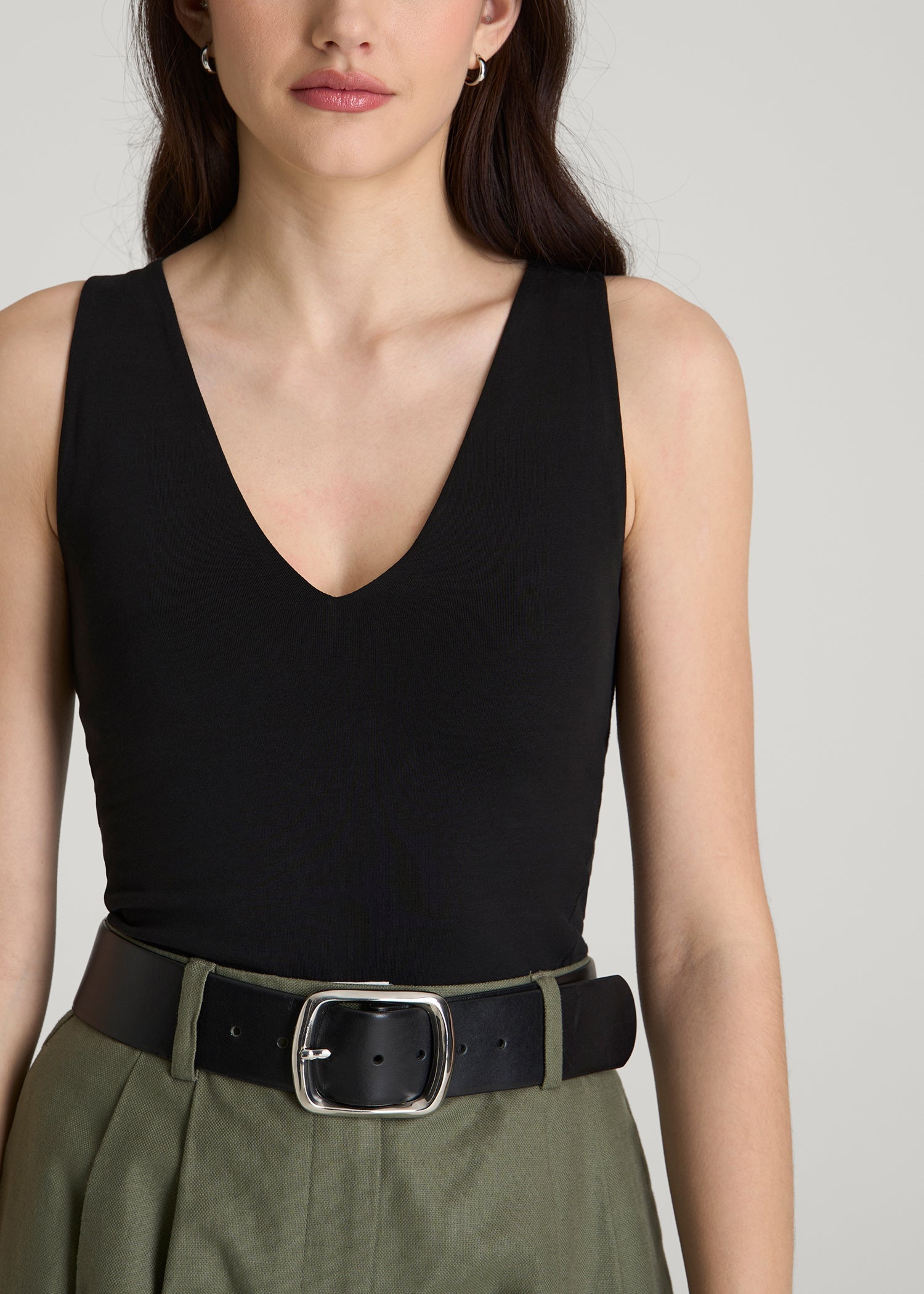 Cotton Blend Sleeveless V-Neck Bodysuit for Tall Women in Black