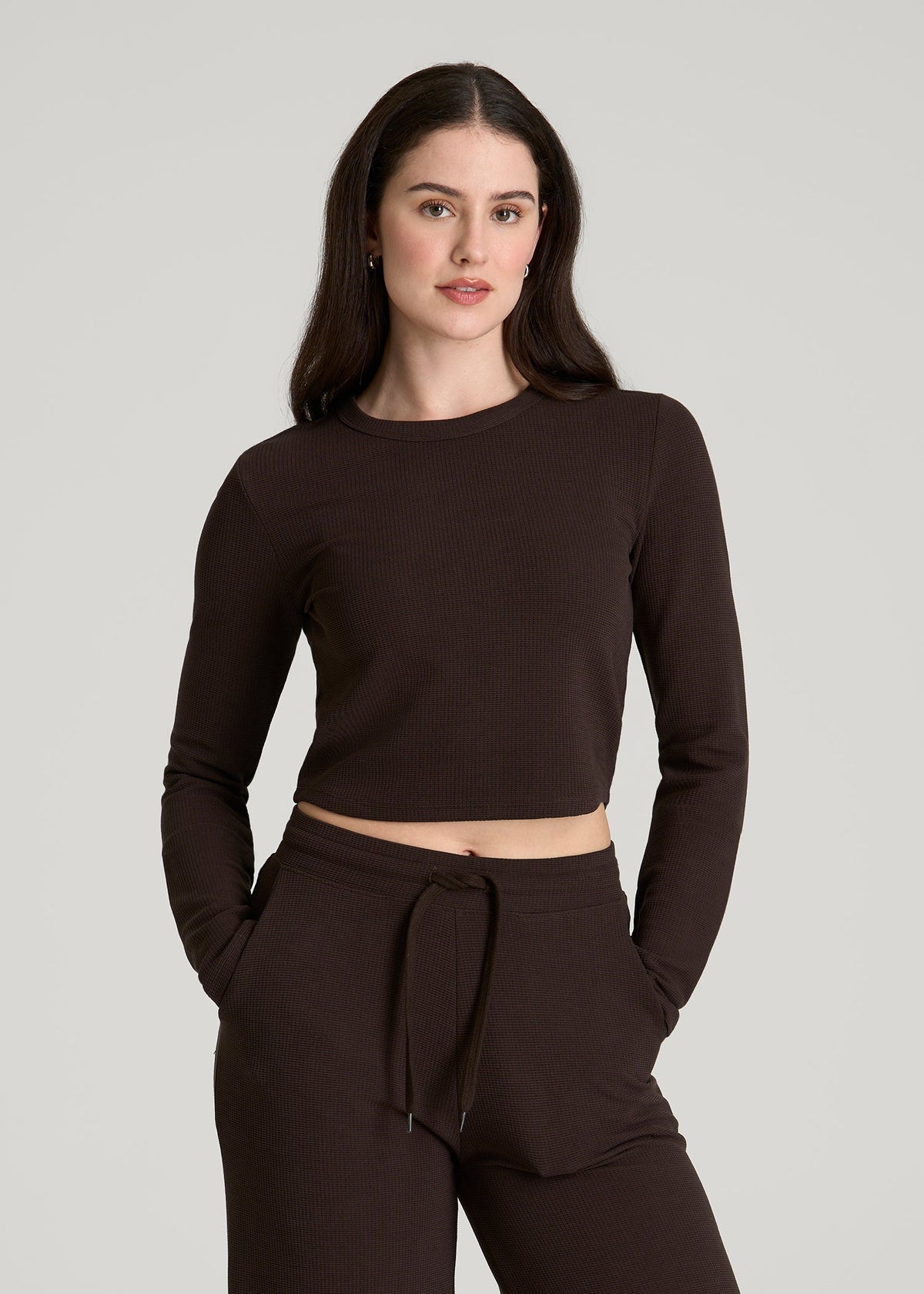 Cropped Long Sleeve Waffle Top for Tall Women in Espresso