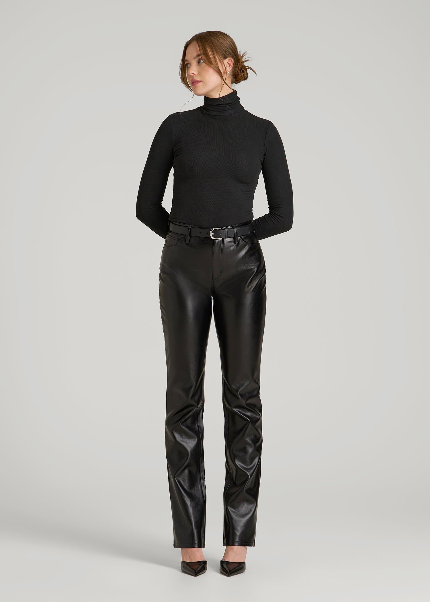 Fitted Long Sleeve Ribbed Turtleneck Tee for Tall Women in Black