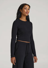 Cropped Long Sleeve Waffle Shirt for Tall Women in Black