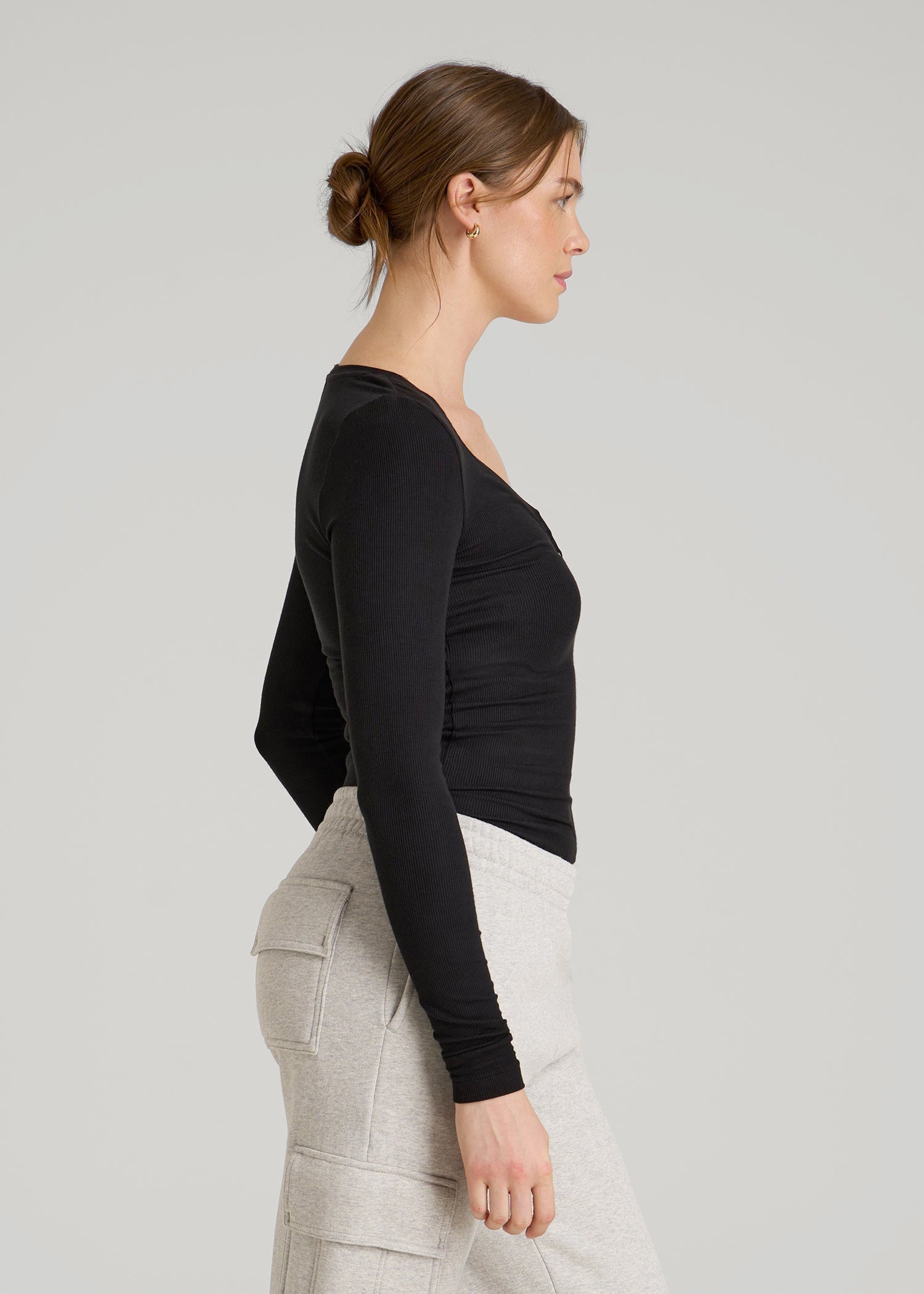 Fitted Ribbed Long Sleeve Henley for Tall Women in Black