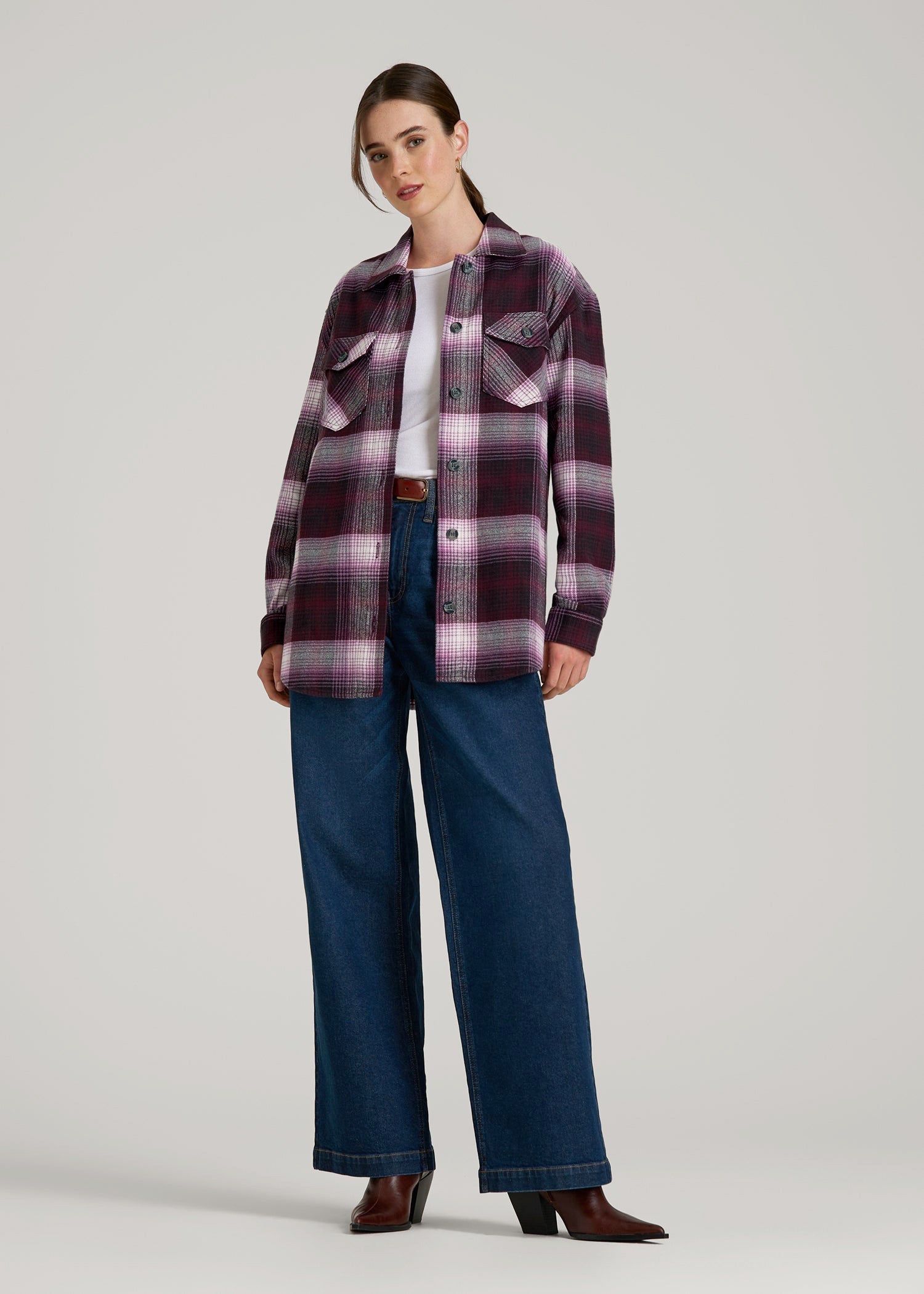 Flannel Shacket for Tall Women in Tawny Port Plaid