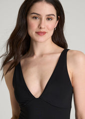Classic V-Neck One Piece Swimsuit for Tall Women in Deep Black