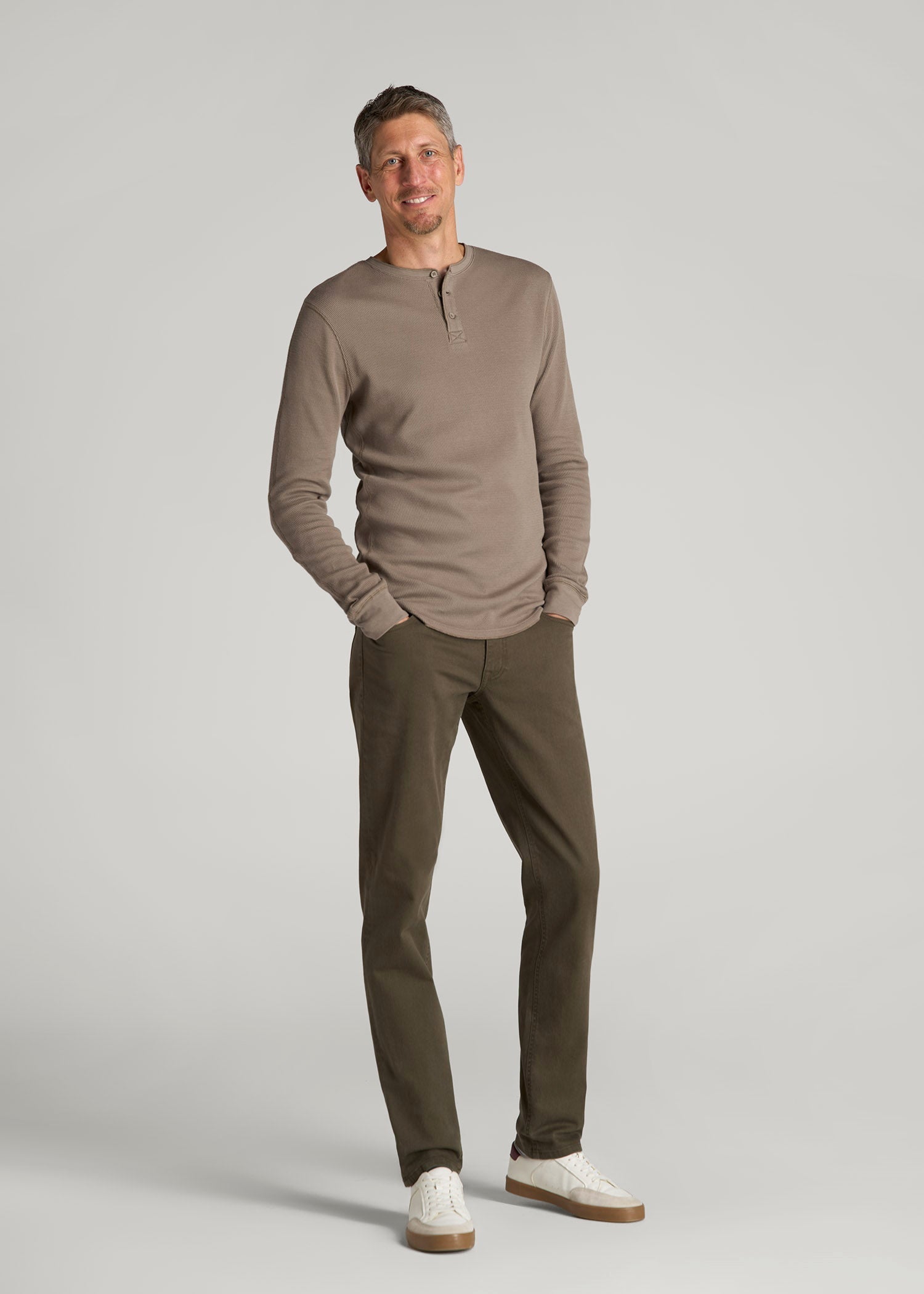 Double Honeycomb Thermal Long-Sleeve Henley Shirt for Tall Men in Dark Sand