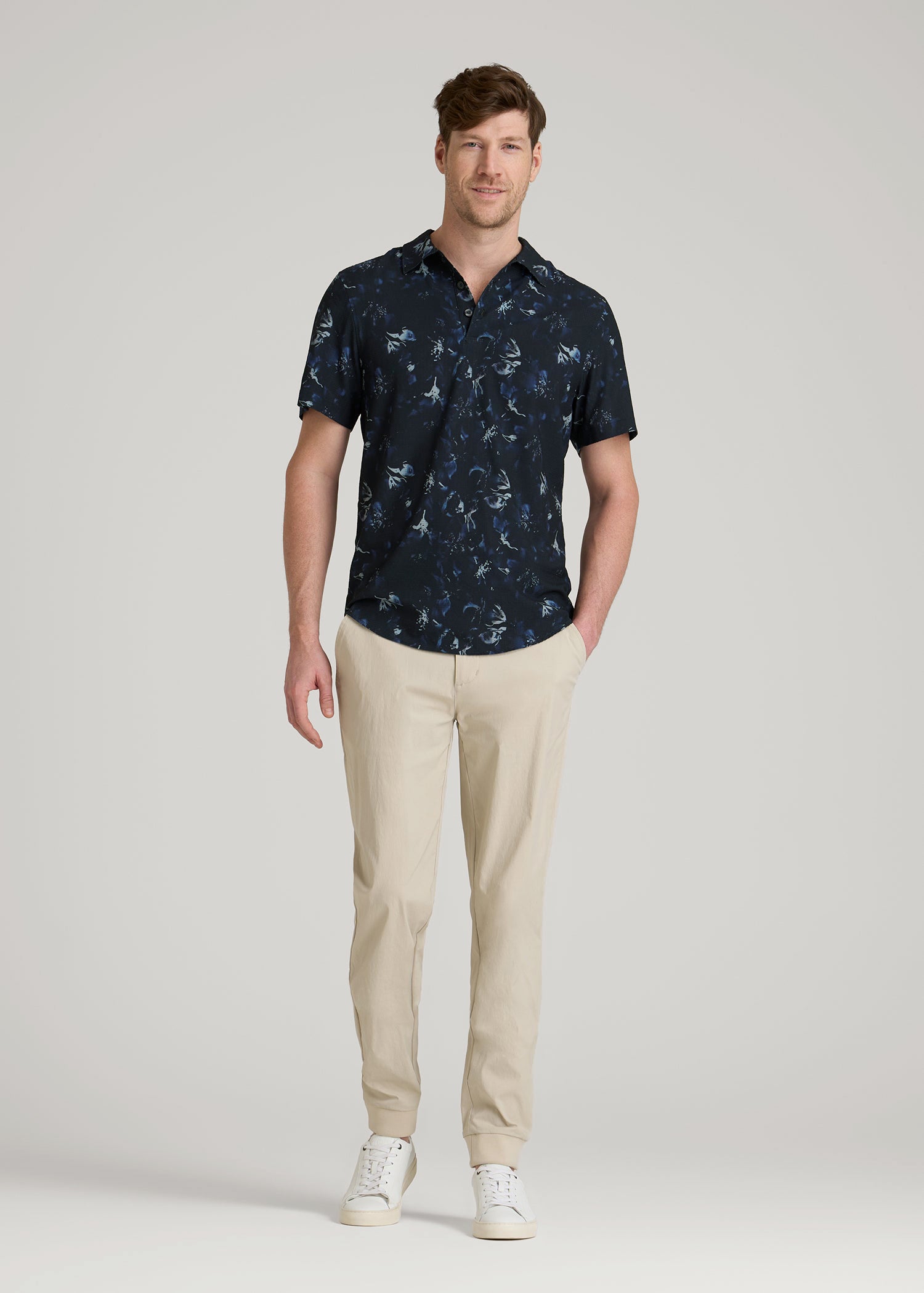 Coastal Perforated Polo Shirt for Tall Men in Black and Violet Floral