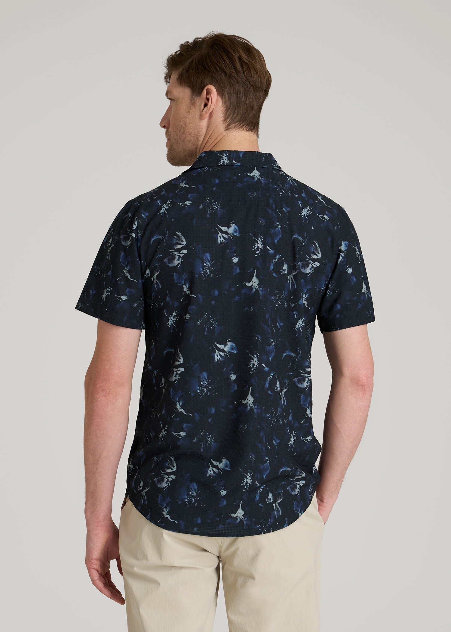 Coastal Perforated Polo Shirt for Tall Men in Black and Violet Floral
