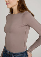Boatneck Long Sleeve Exposed Seam Top for Tall Women in Dark Sand