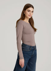 Boatneck Long Sleeve Exposed Seam Top for Tall Women in Dark Sand