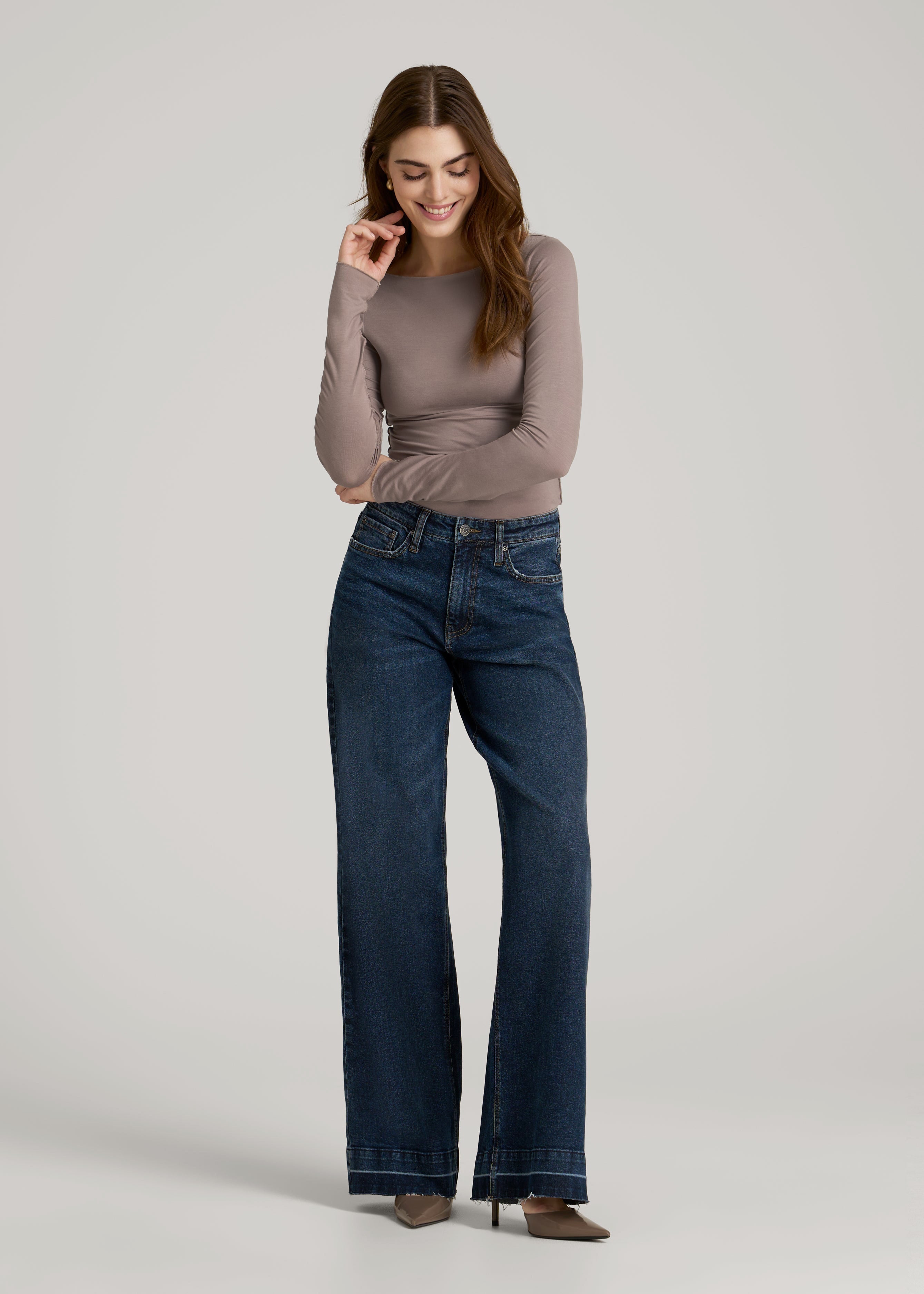 Boatneck Long Sleeve Exposed Seam Top for Tall Women in Dark Sand