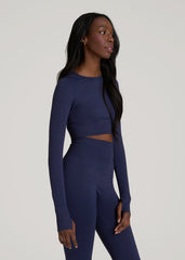 Compression Long Sleeve Cropped Training Top for Tall Women in Regal Blue