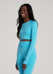 Compression Long Sleeve Cropped Training Top for Tall Women in Scuba Blue Mix
