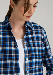 Flannel Button-Up Shirt for Tall Women in True Navy with Cobalt