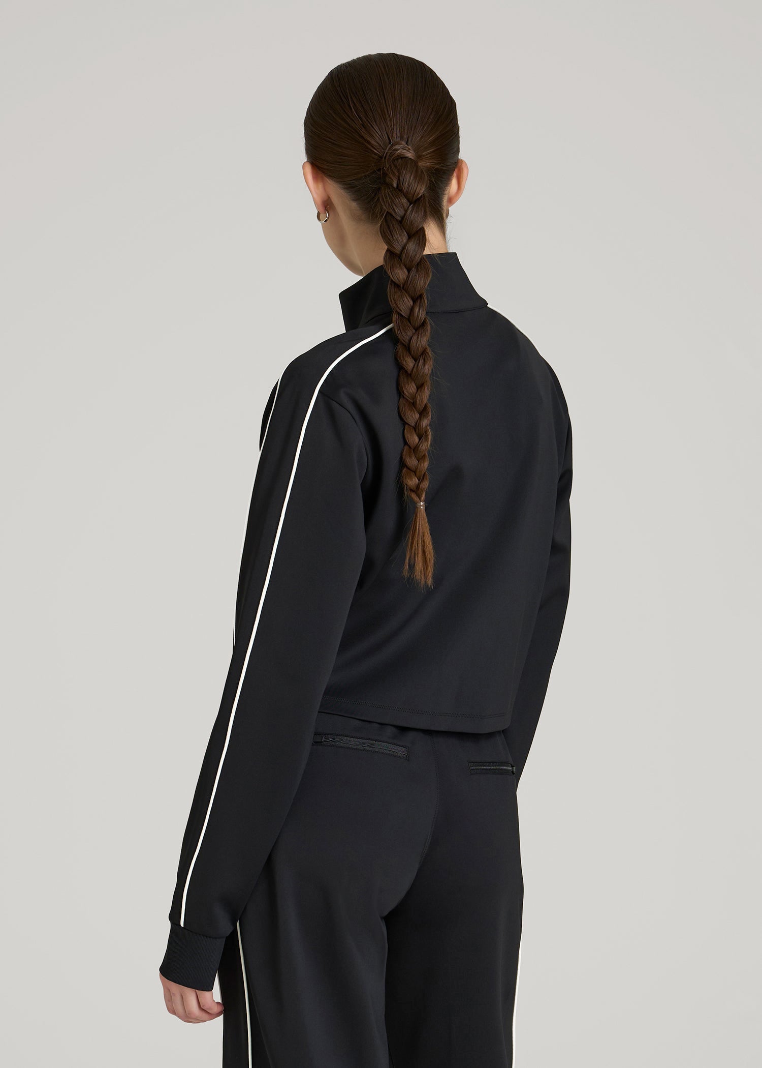 Cropped Track Jacket with Piping for Tall Women in Black