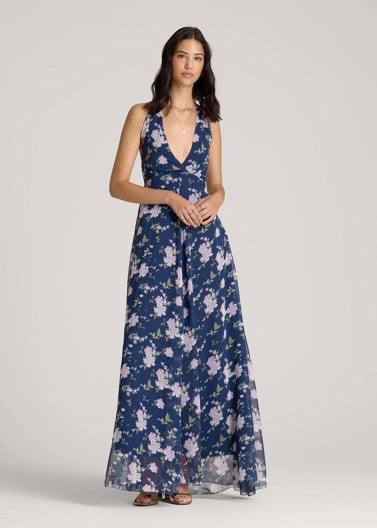 Chiffon Maxi Halter Garden Dress for Tall Women in Dark Navy Floral