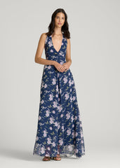 Chiffon Maxi Halter Garden Dress for Tall Women in Dark Navy Floral