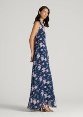 Chiffon Maxi Halter Garden Dress for Tall Women in Dark Navy Floral