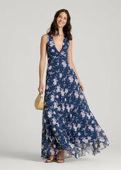Chiffon Maxi Halter Garden Dress for Tall Women in Dark Navy Floral
