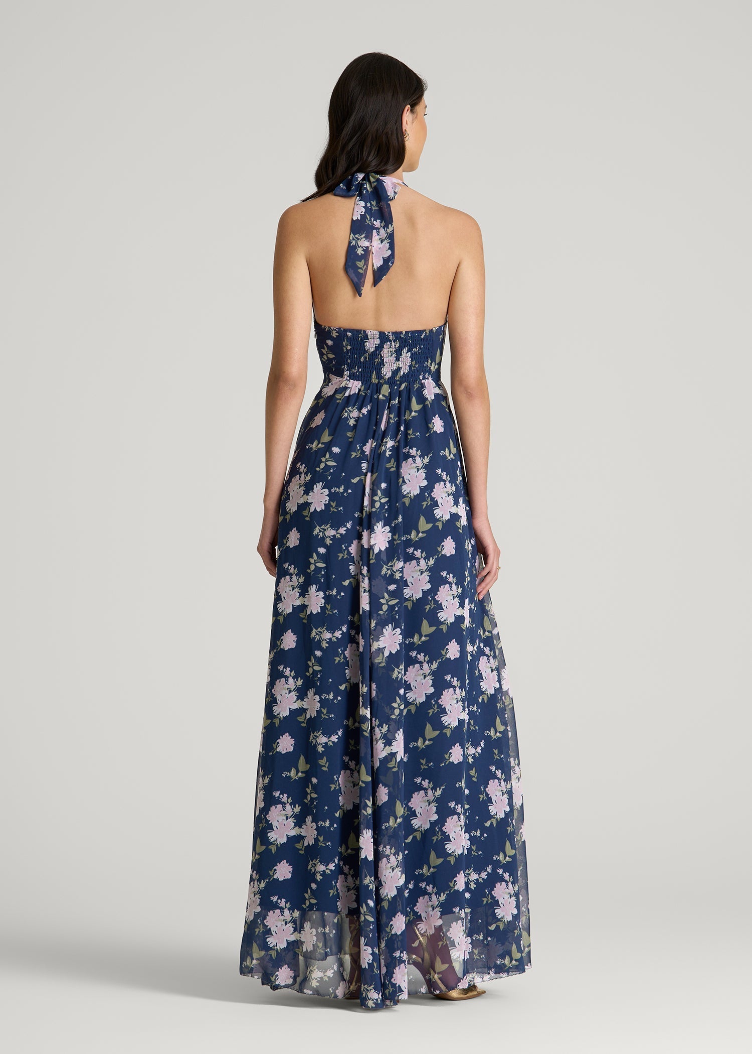 Chiffon Maxi Halter Garden Dress for Tall Women in Dark Navy Floral