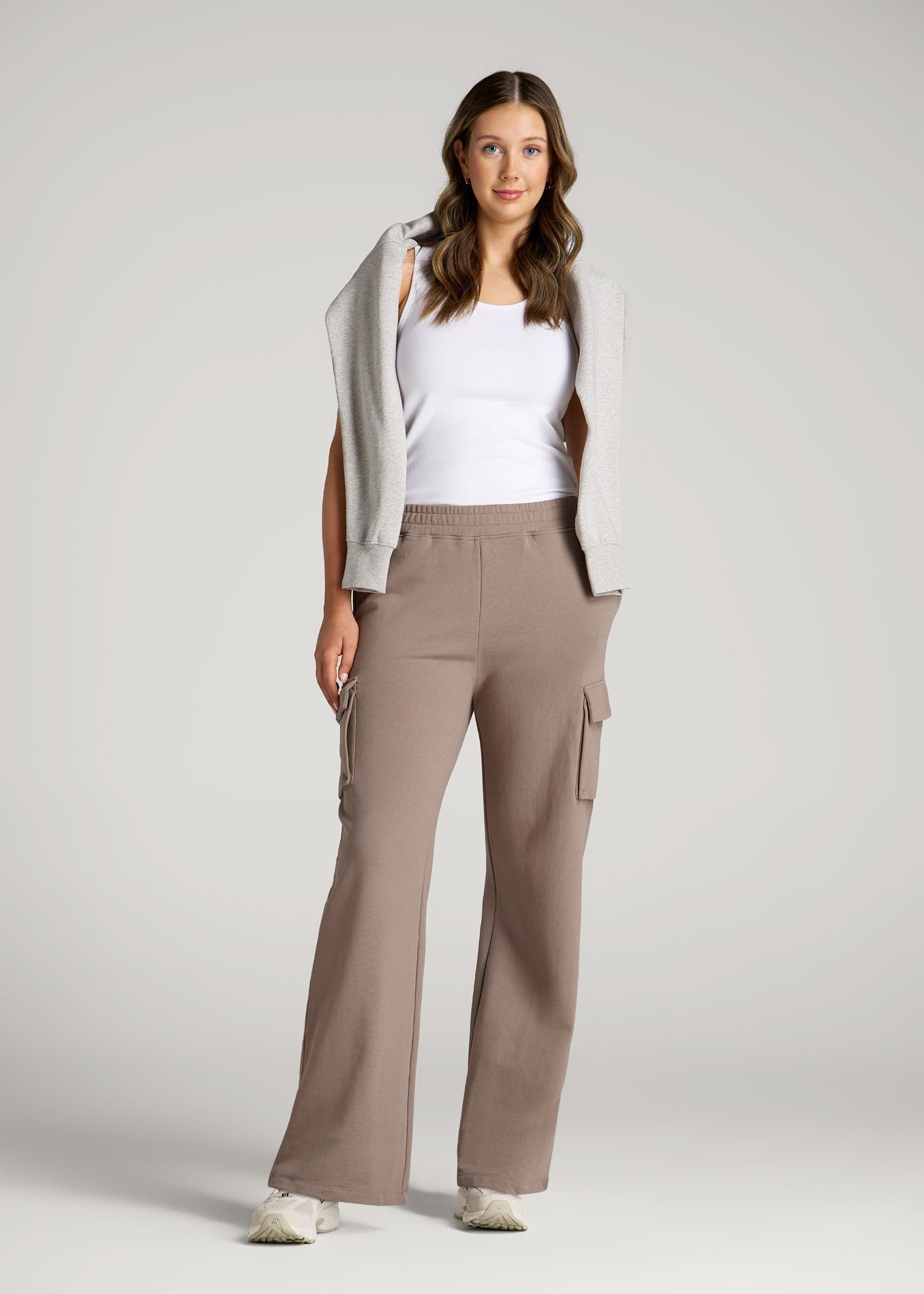 French Terry Wide Leg Cargo Sweatpants for Tall Women in Portobello